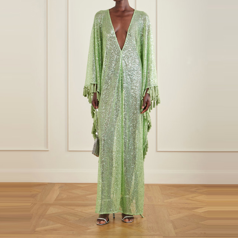 Elegant V-neck Sequined Green  - đánh giá và giá Tassel Fringe Trim