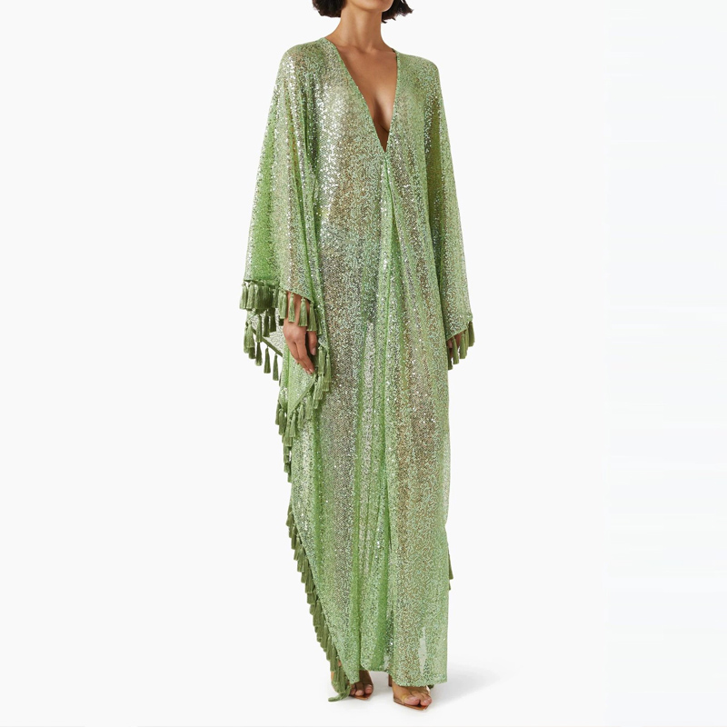 Elegant V-neck Sequined Green  - đánh giá và giá Tassel Fringe Trim