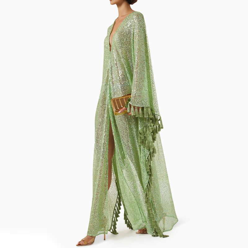 Elegant V-neck Sequined Green  - đánh giá và giá Tassel Fringe Trim